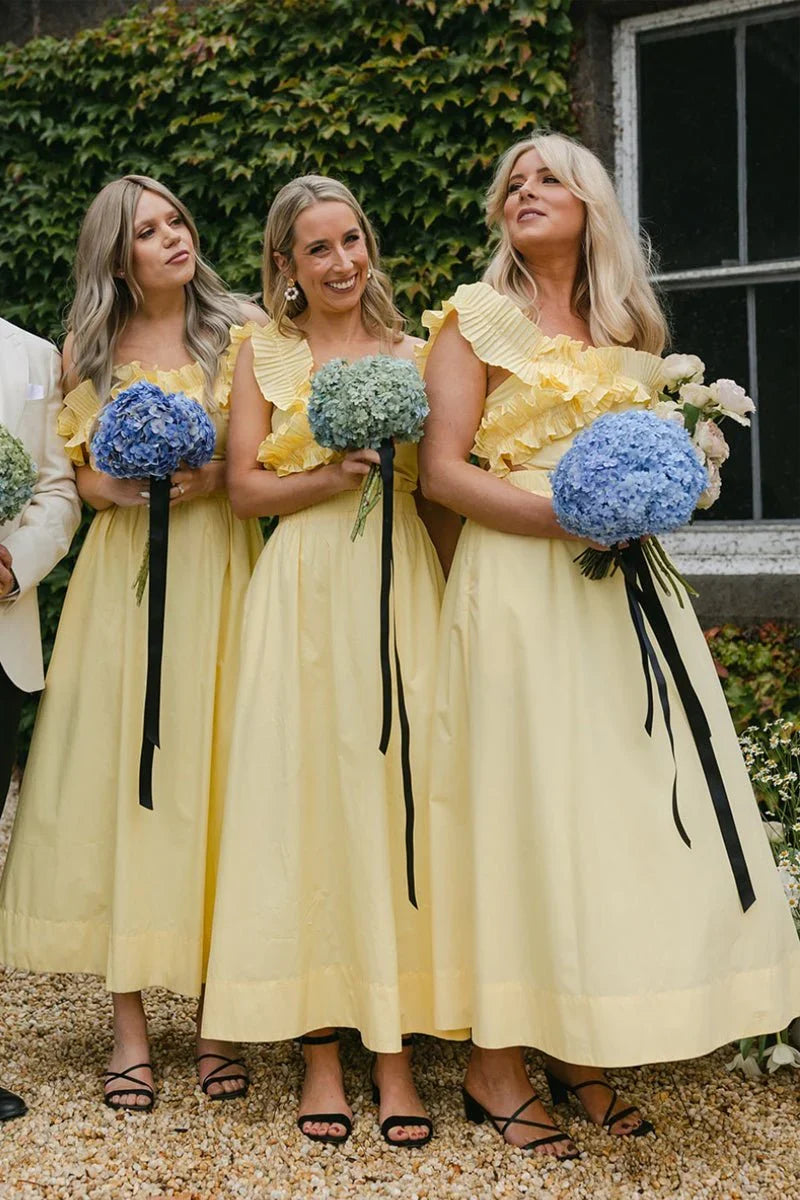 Yellow Off the Shoulder Ruffle Cotton Ankle Length Bridesmaid Dresses