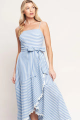 TIED TO YOU BLUE STRIPED MIDI DRESS
