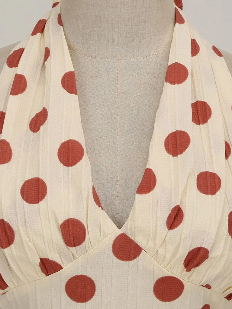 Polka Dots Halter Audrey Hepburn Style 1950S Vintage Dress With Bow Backless
