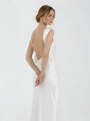 Sheath High Bateau Neck Backless Silk Satin Wedding Dress