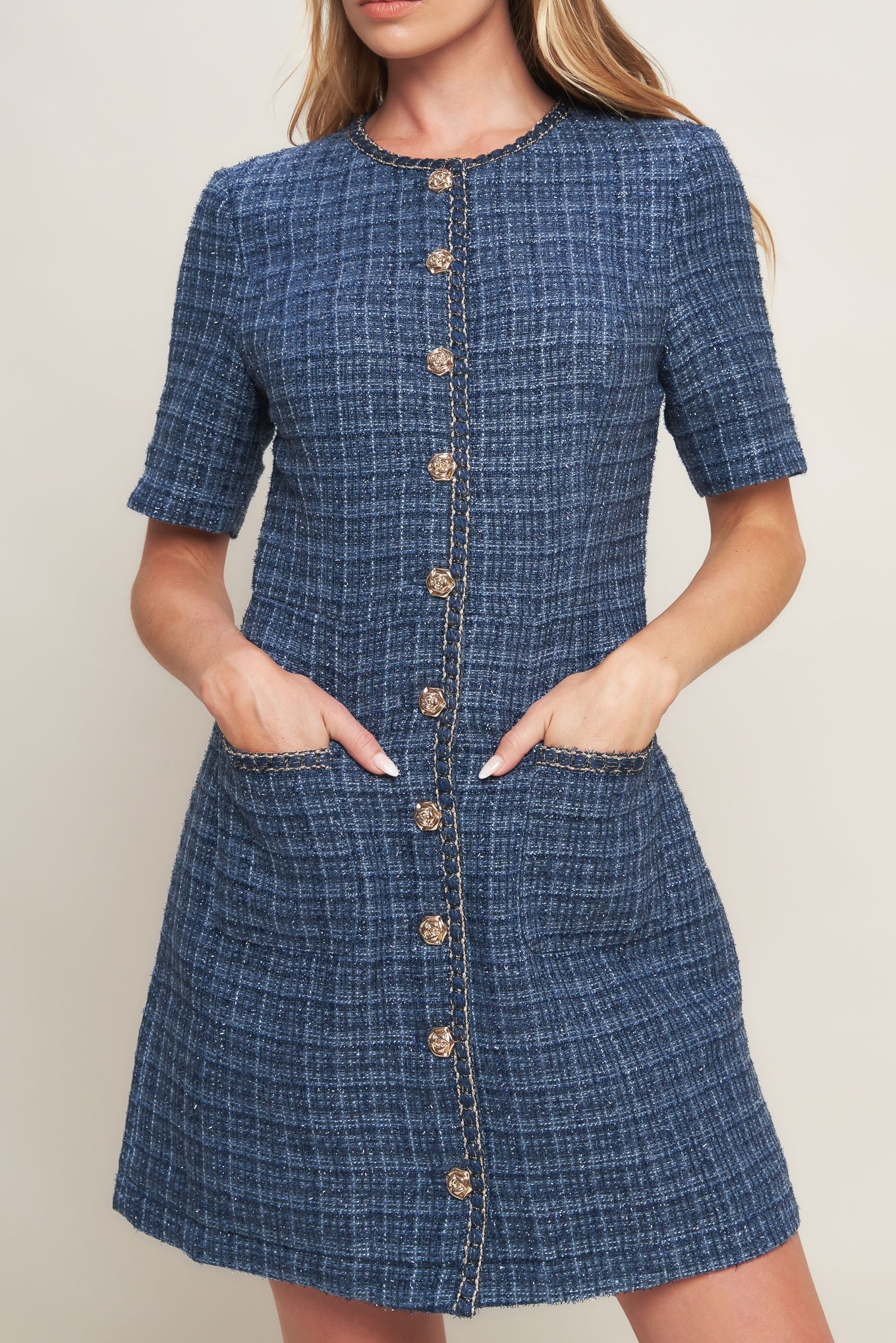 MODERN ICONIC BLUE TWEED MINI DRESS